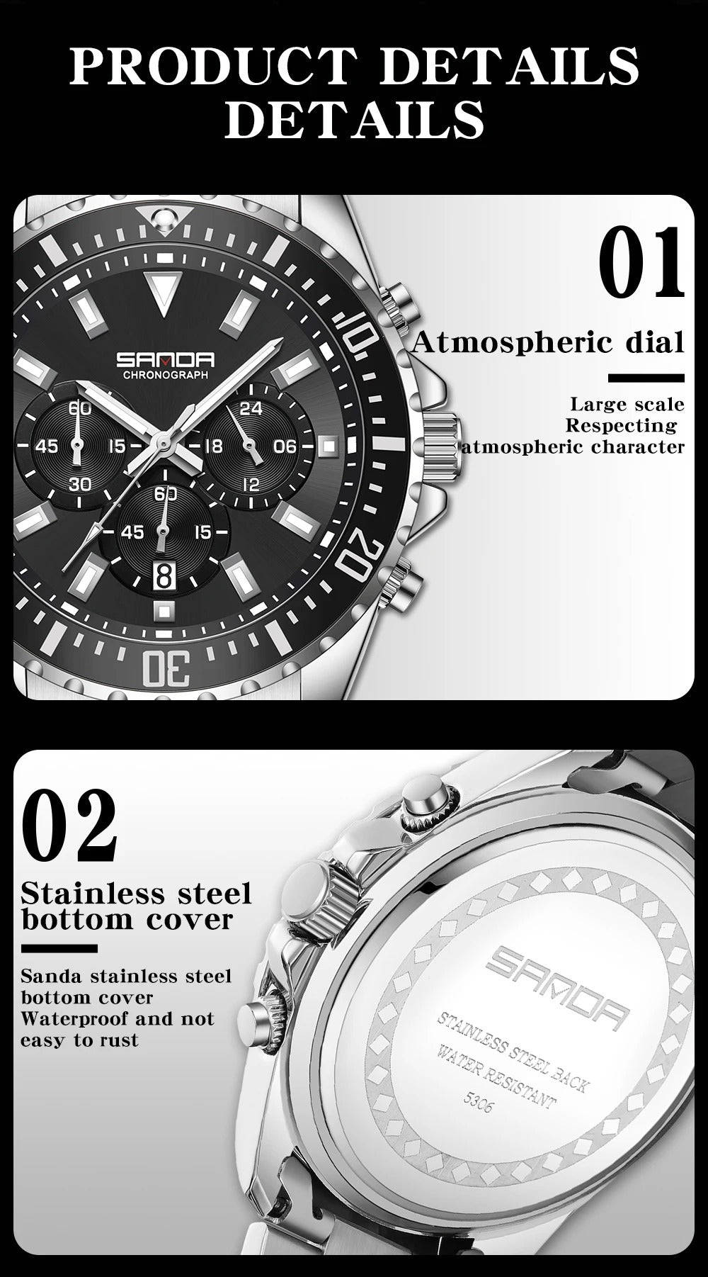 SANDA – montre à Quartz de luxe pour hommes, bracelet en acier