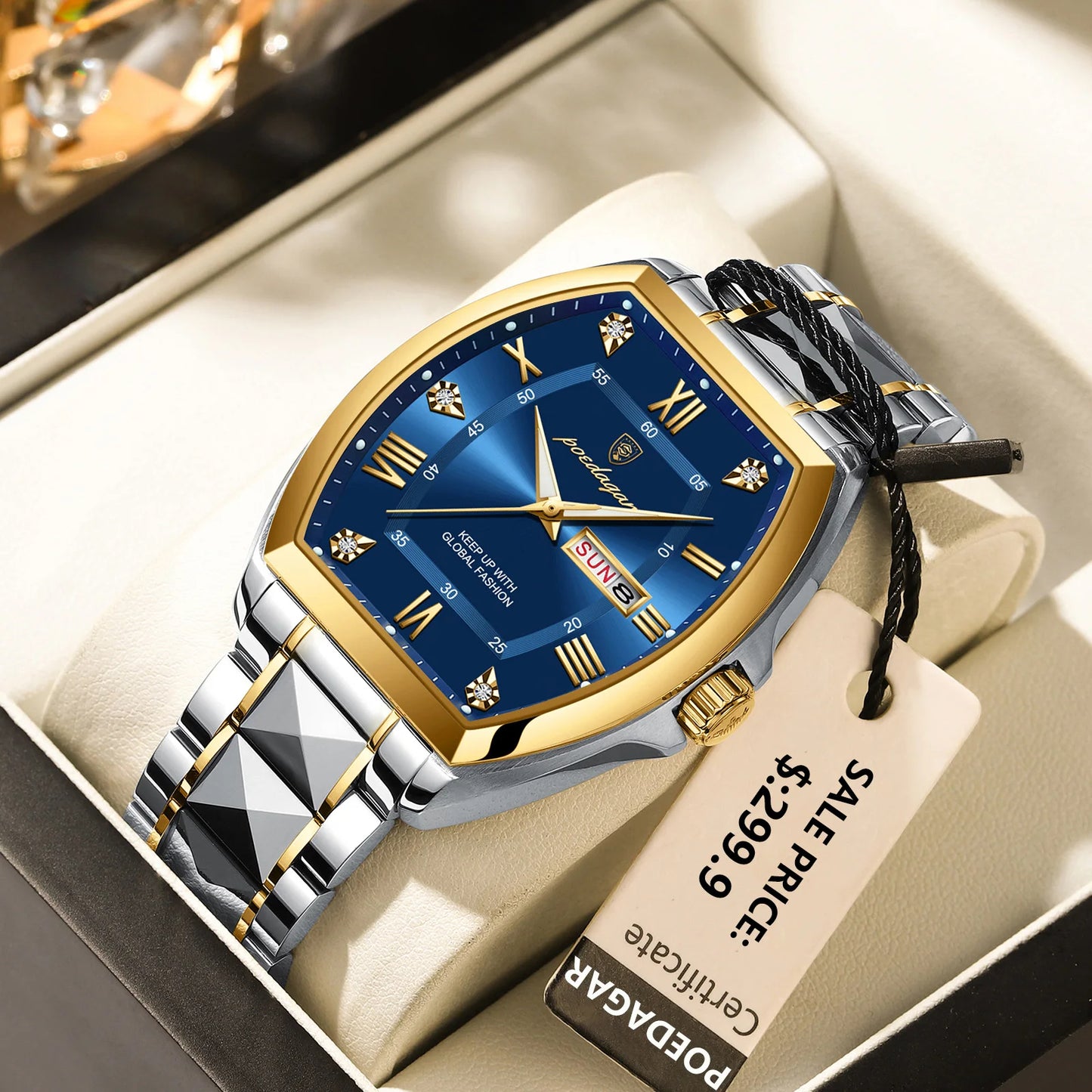 POEDAGAR – Montre de Luxe Tonneau en Acier Inoxydable pour Homme