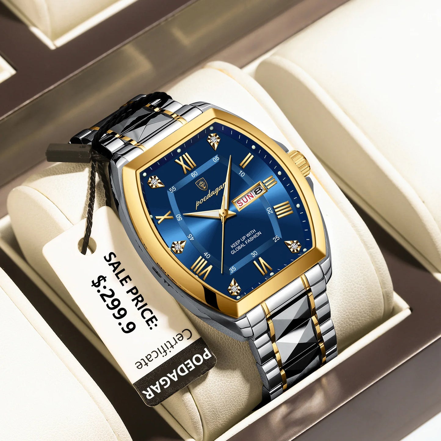 POEDAGAR – Montre de Luxe Tonneau en Acier Inoxydable pour Homme