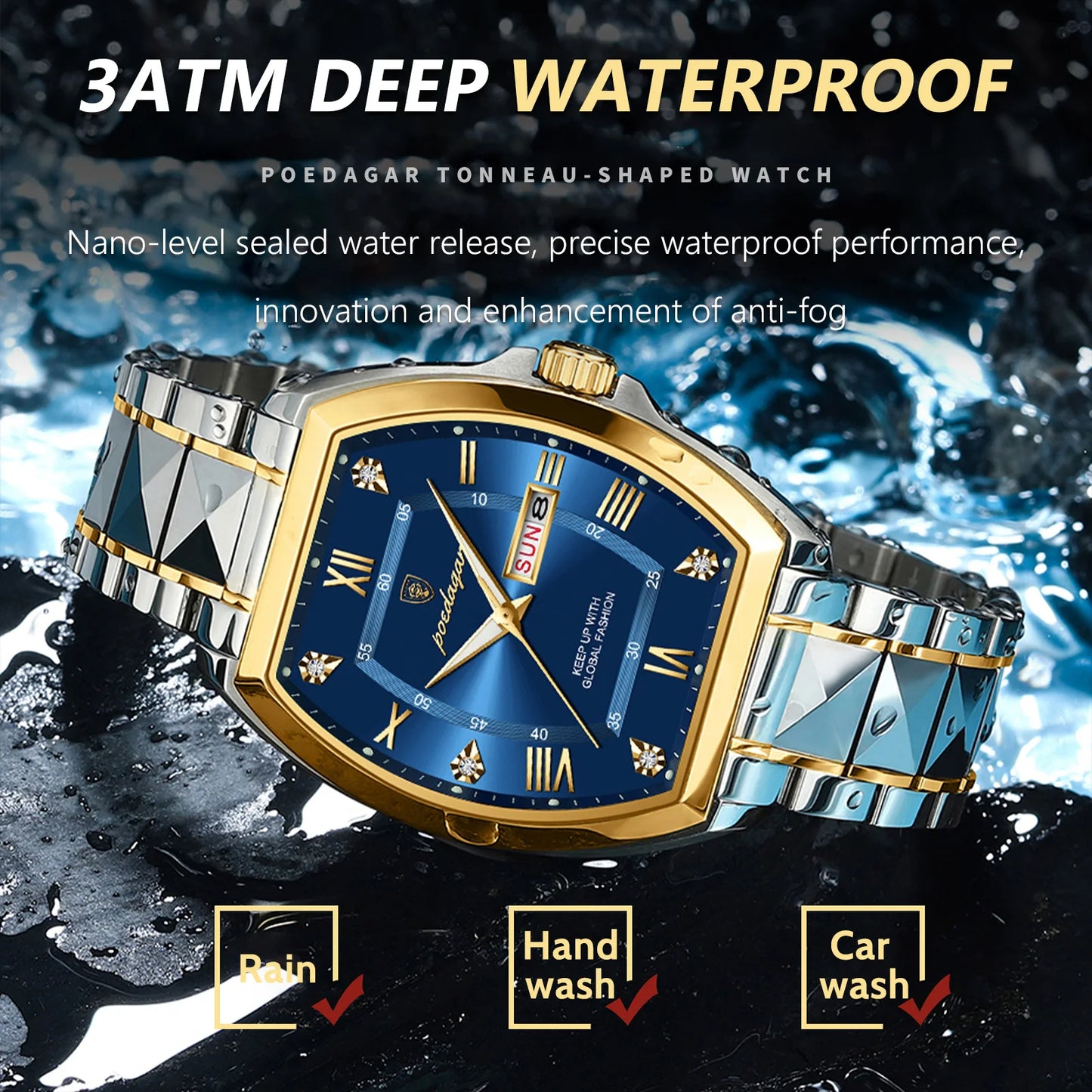 POEDAGAR – Montre de Luxe Tonneau en Acier Inoxydable pour Homme