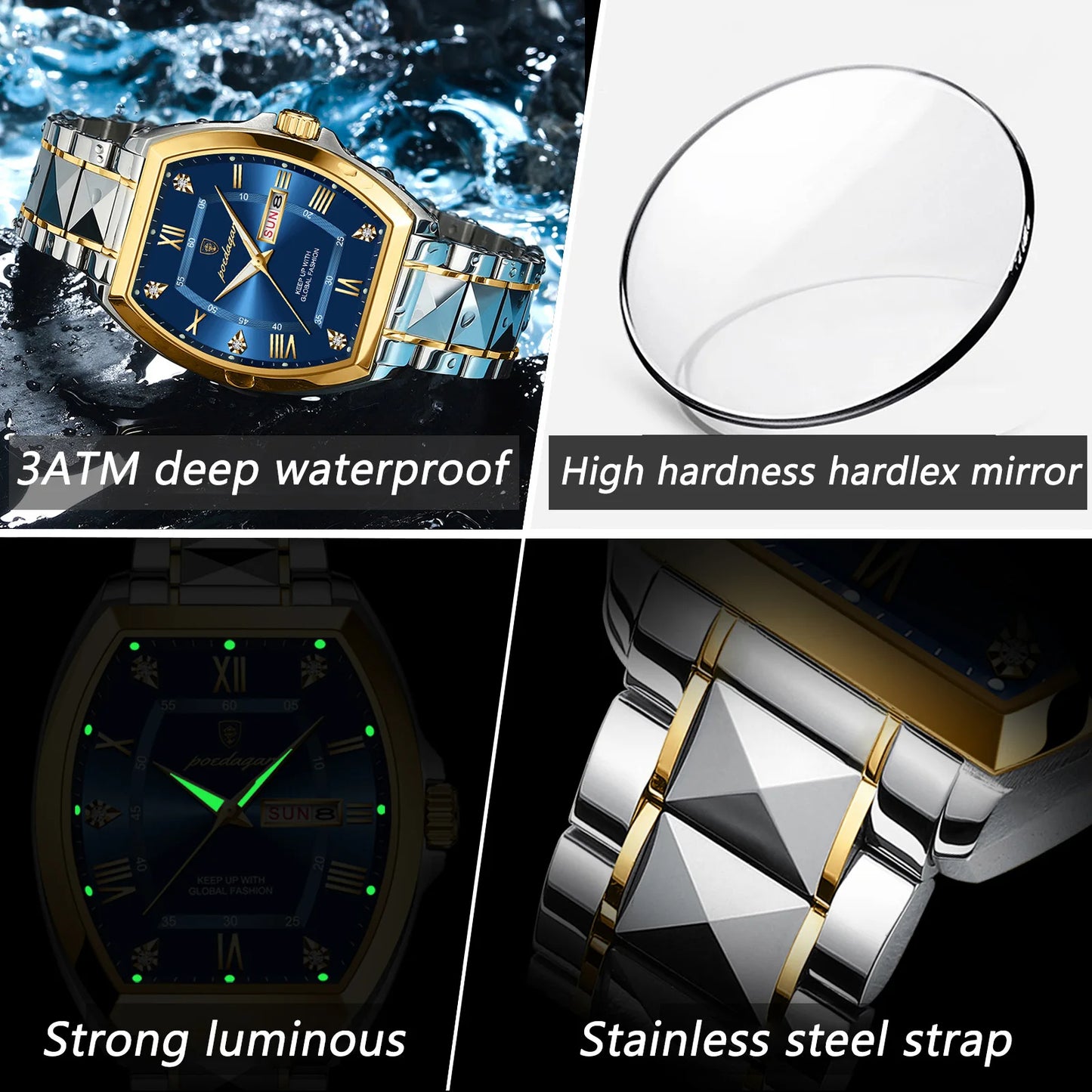 POEDAGAR – Montre de Luxe Tonneau en Acier Inoxydable pour Homme