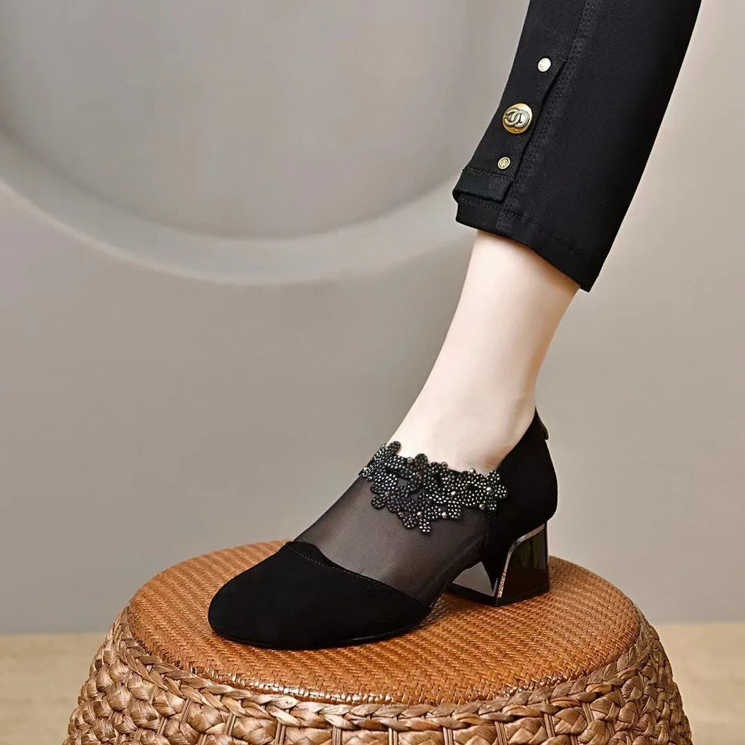 👠 Chaussures élégantes à talons bas pour femmes décorées de strass
