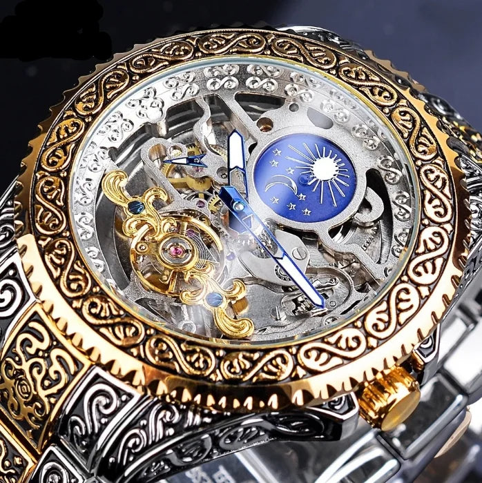 Montre mécanique automatique sculptée rétro évidée pour hommes, montres de haute qualité