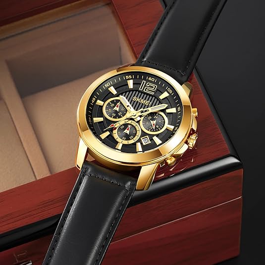 SKMEI-Montre à quartz décontractée pour homme, chronomètre en cuir de luxe