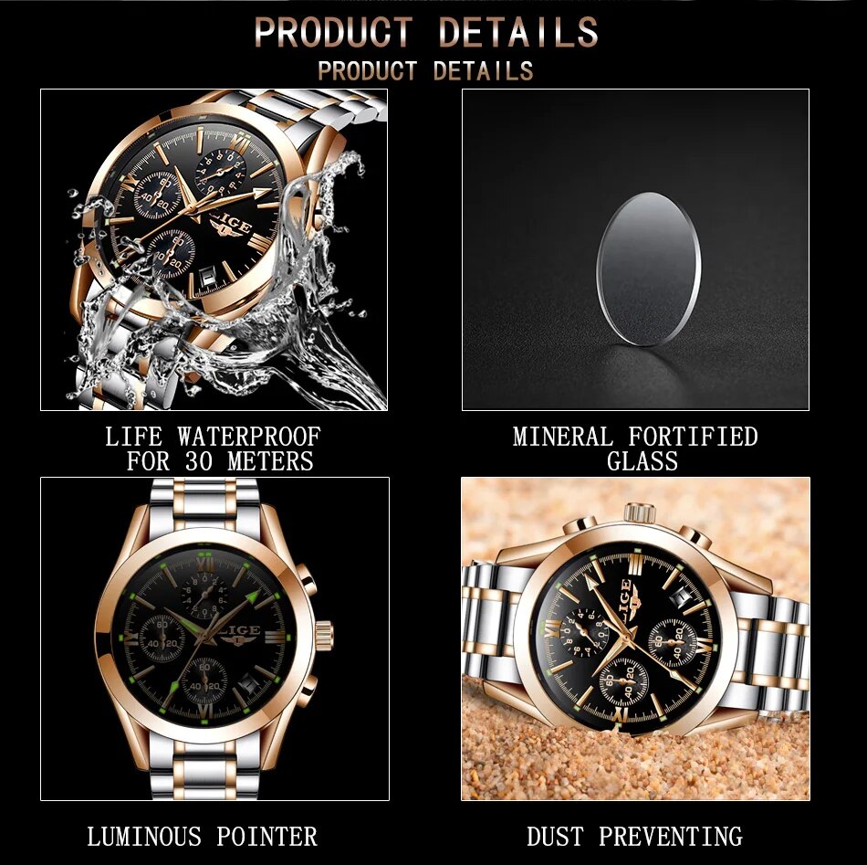 LIGE – montre à Quartz pour homme, marque de luxe