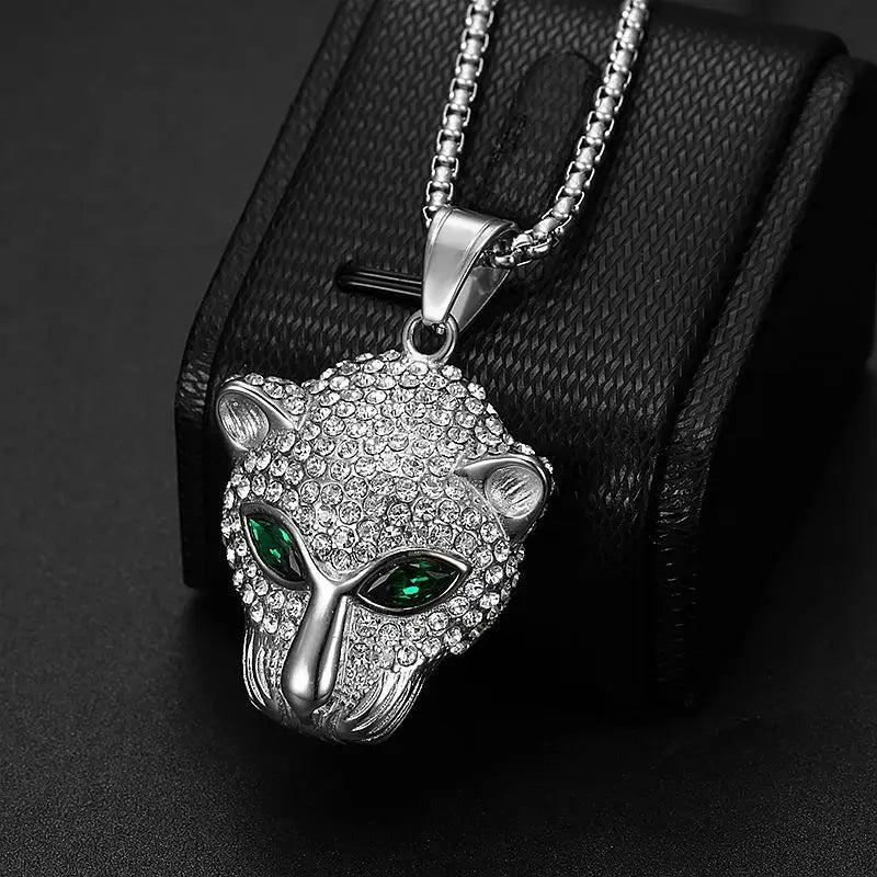 Collier Hip-Hop Tête de Léopard en Diamant Vert