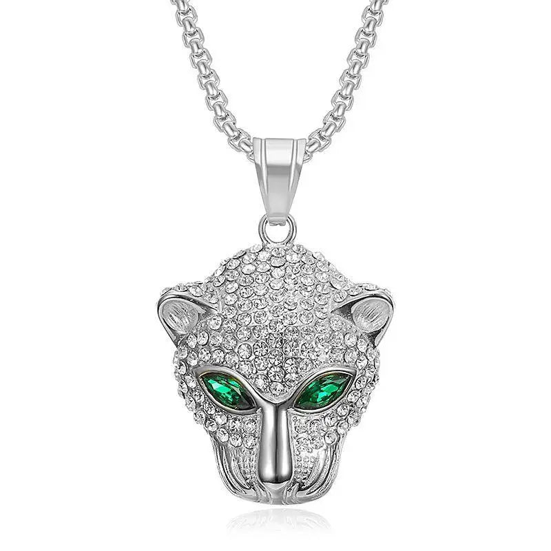 Collier Hip-Hop Tête de Léopard en Diamant Vert