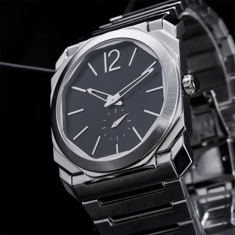 Montre à Quartz Ultra fine pour hommes, boîtier rond octogonal en acier