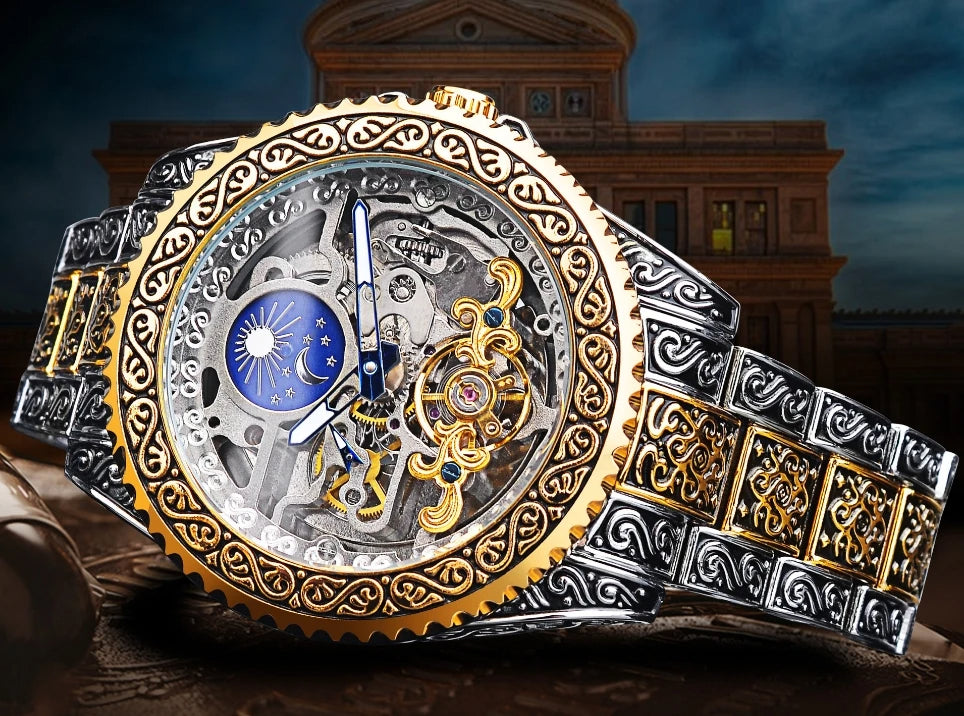 Montre mécanique automatique sculptée rétro évidée pour hommes, montres de haute qualité