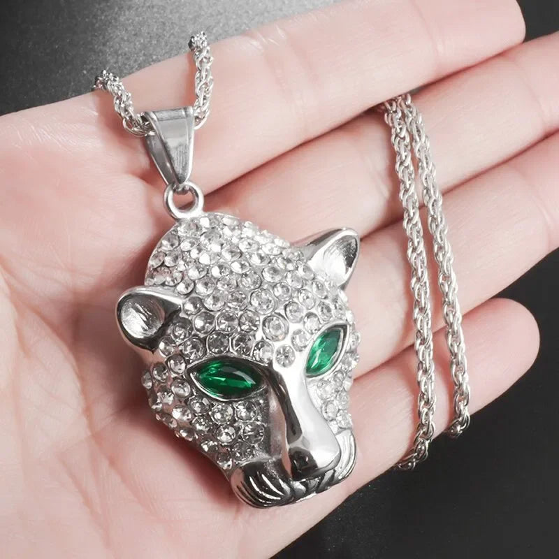 Collier Hip-Hop Tête de Léopard en Diamant Vert