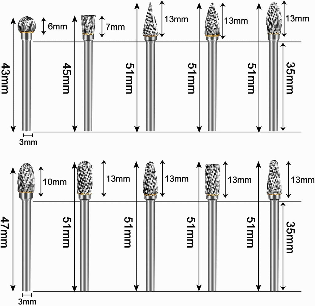 Ensemble de 10 fraises rotatives à Double coupe en carbure de tungstène avec tige de 3 mm (1/8 pouce) et tête de 6 mm (1/4 pouce)