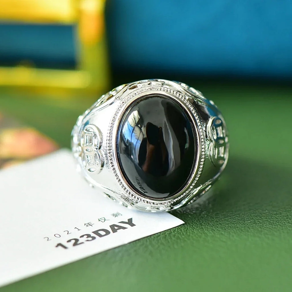 Bague homme agate noire naturelle