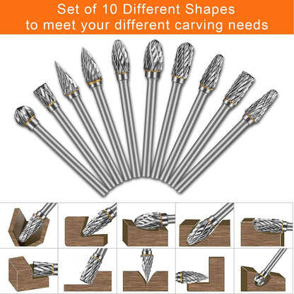 Ensemble de 10 fraises rotatives à Double coupe en carbure de tungstène avec tige de 3 mm (1/8 pouce) et tête de 6 mm (1/4 pouce)