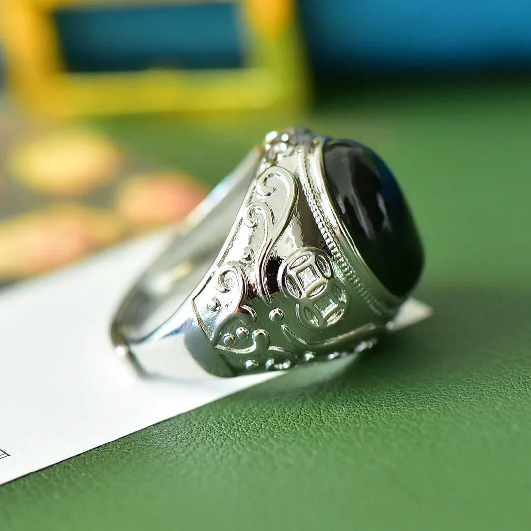 Bague homme agate noire naturelle