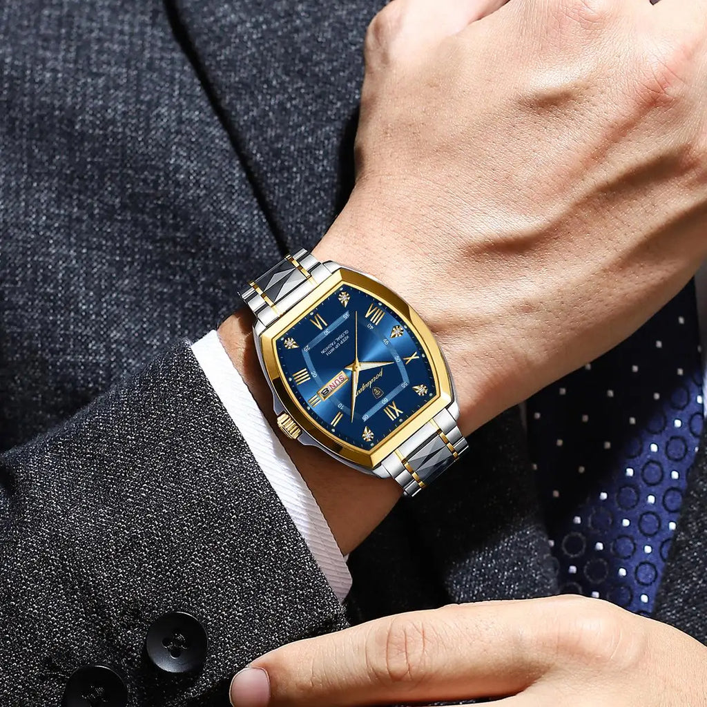 POEDAGAR – Montre de Luxe Tonneau en Acier Inoxydable pour Homme