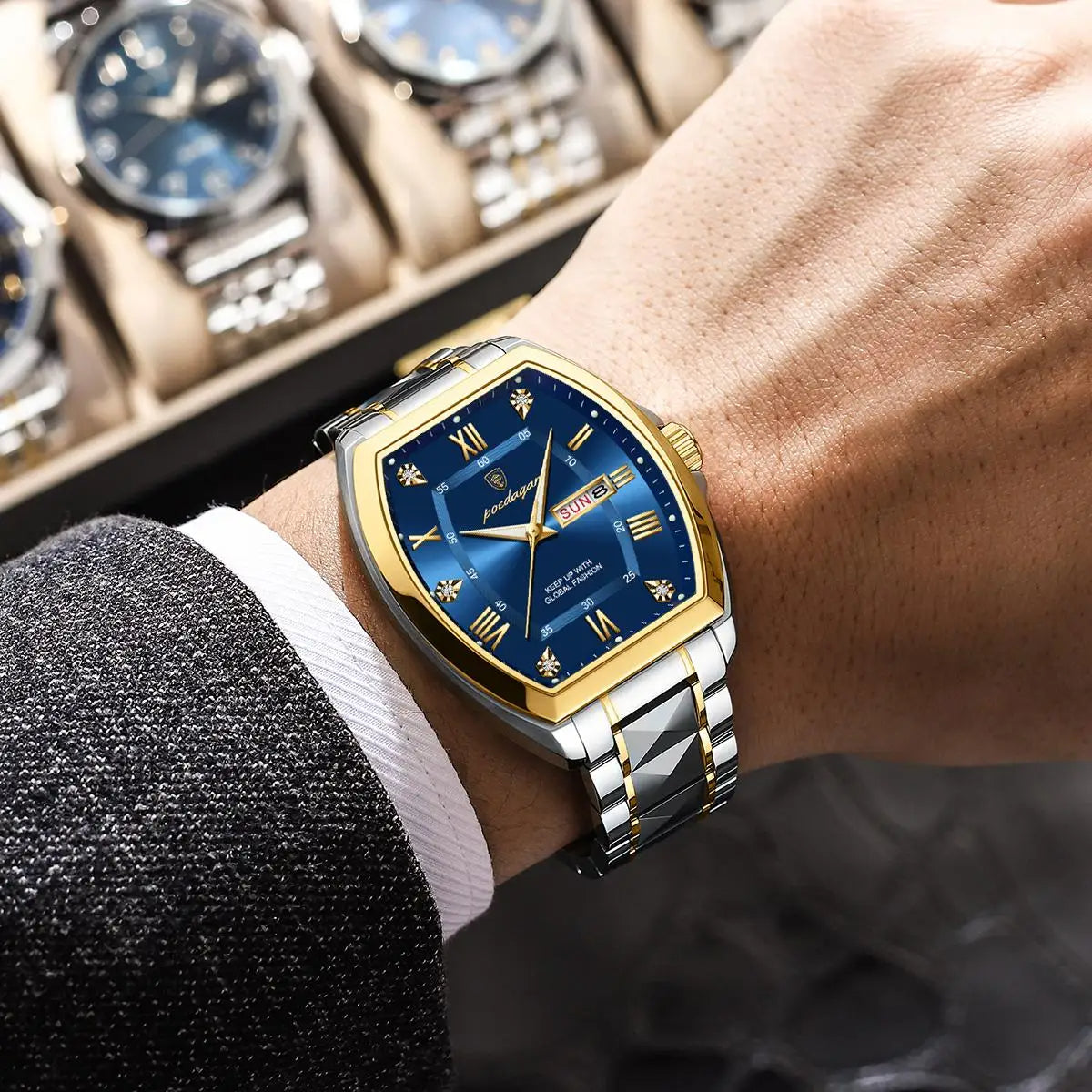 POEDAGAR – Montre de Luxe Tonneau en Acier Inoxydable pour Homme