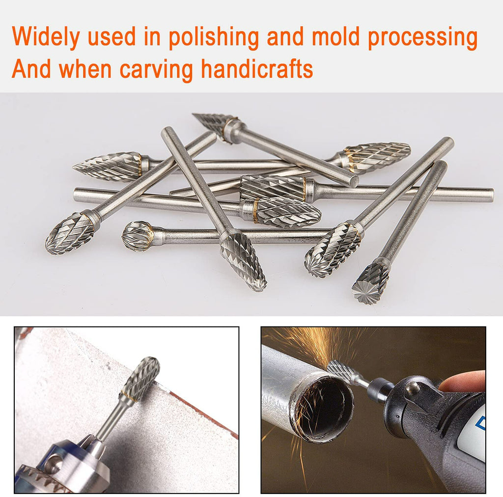 Ensemble de 10 fraises rotatives à Double coupe en carbure de tungstène avec tige de 3 mm (1/8 pouce) et tête de 6 mm (1/4 pouce)