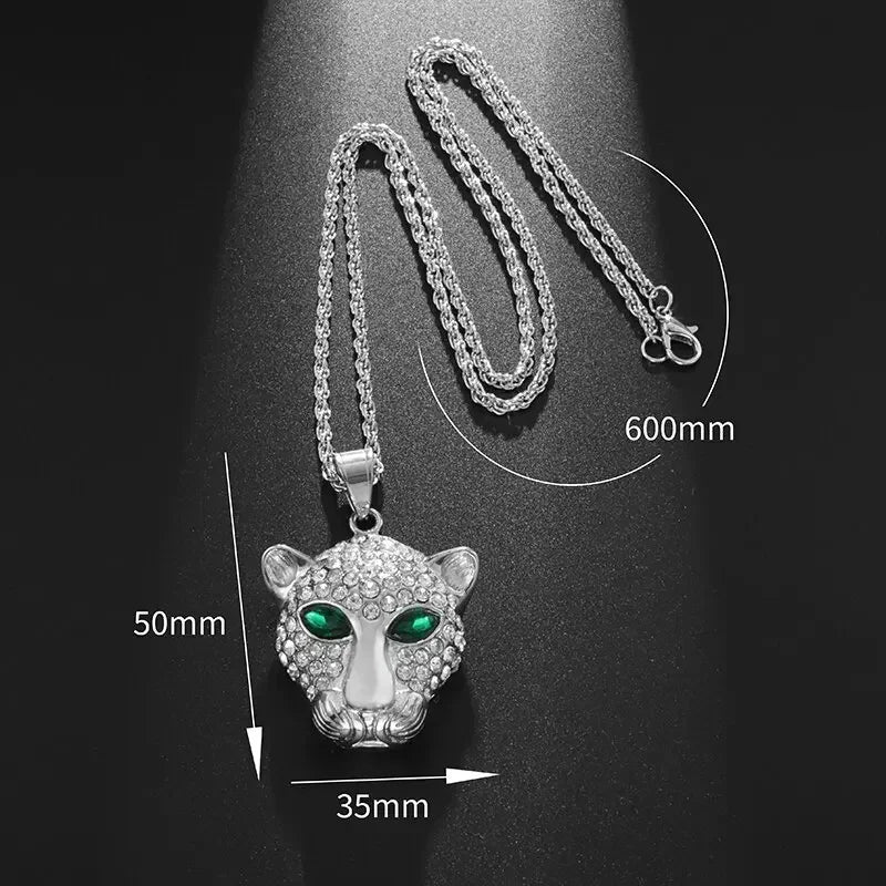 Collier Hip-Hop Tête de Léopard en Diamant Vert