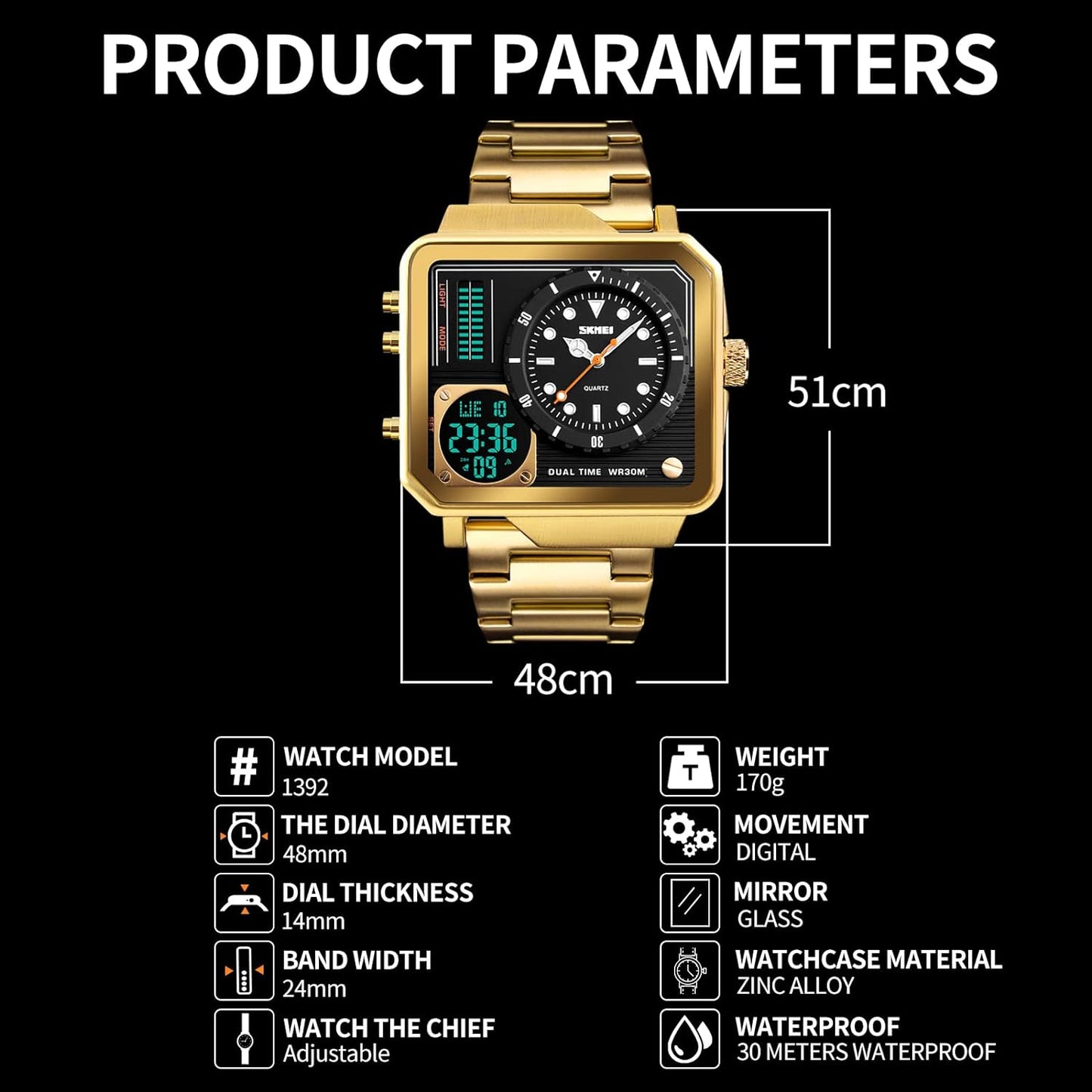 SKMEI – montre-bracelet de luxe en acier inoxydable