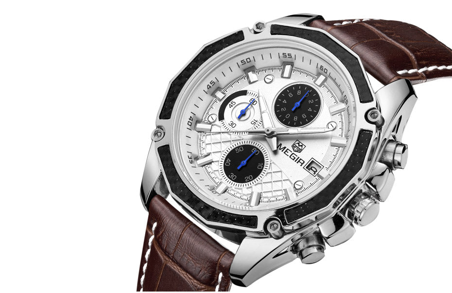 MEGIR-Montre Militaire en Cuir group pour Homme, Chronographe Étanche