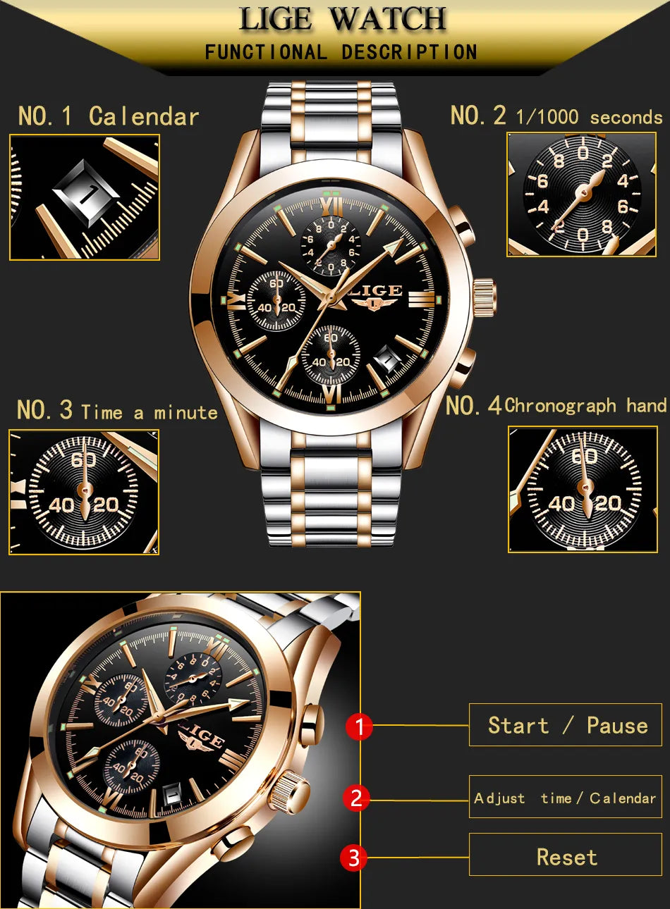 LIGE – montre à Quartz pour homme, marque de luxe