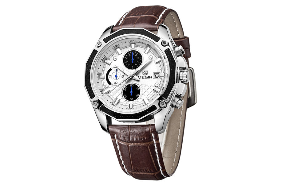 MEGIR-Montre Militaire en Cuir group pour Homme, Chronographe Étanche