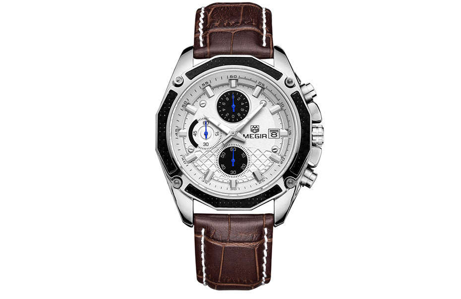 MEGIR-Montre Militaire en Cuir group pour Homme, Chronographe Étanche