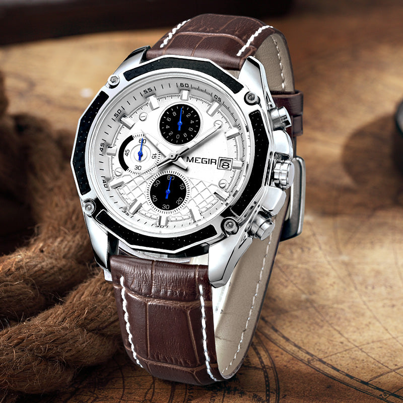 MEGIR-Montre Militaire en Cuir group pour Homme, Chronographe Étanche