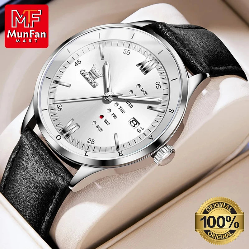 Montre Habillée OLEVS 2931 pour Hommes - Écran Semaine, Étanche, Lumineuse avec Bracelet en Cuir