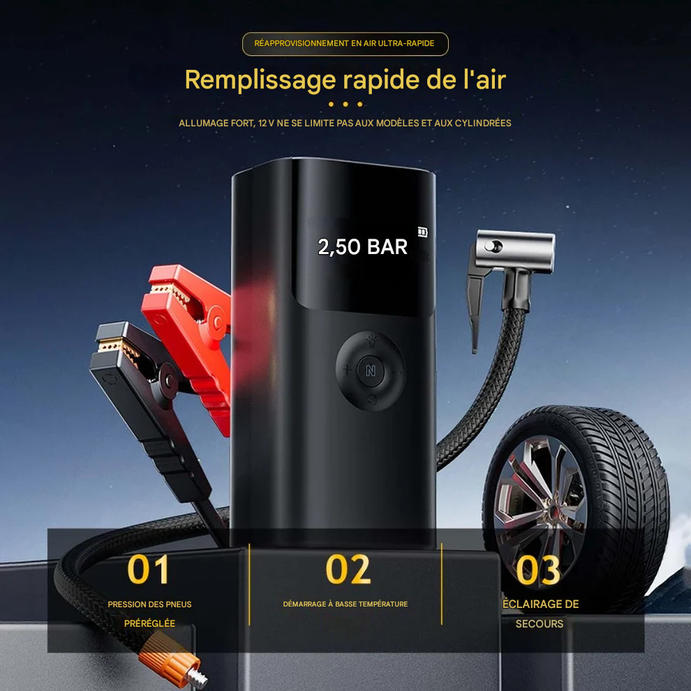 Démarreur de voiture 4 en 1  avec pompe à air et batterie externe