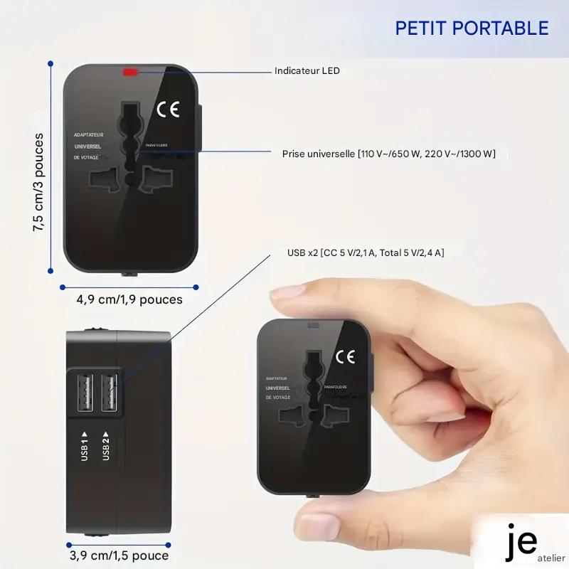🔌Adaptateur de voyage universel certifié - Compatible avec USB et Type-C