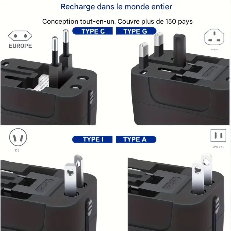 🔌Adaptateur de voyage universel certifié - Compatible avec USB et Type-C