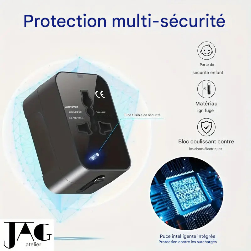 🔌Adaptateur de voyage universel certifié - Compatible avec USB et Type-C