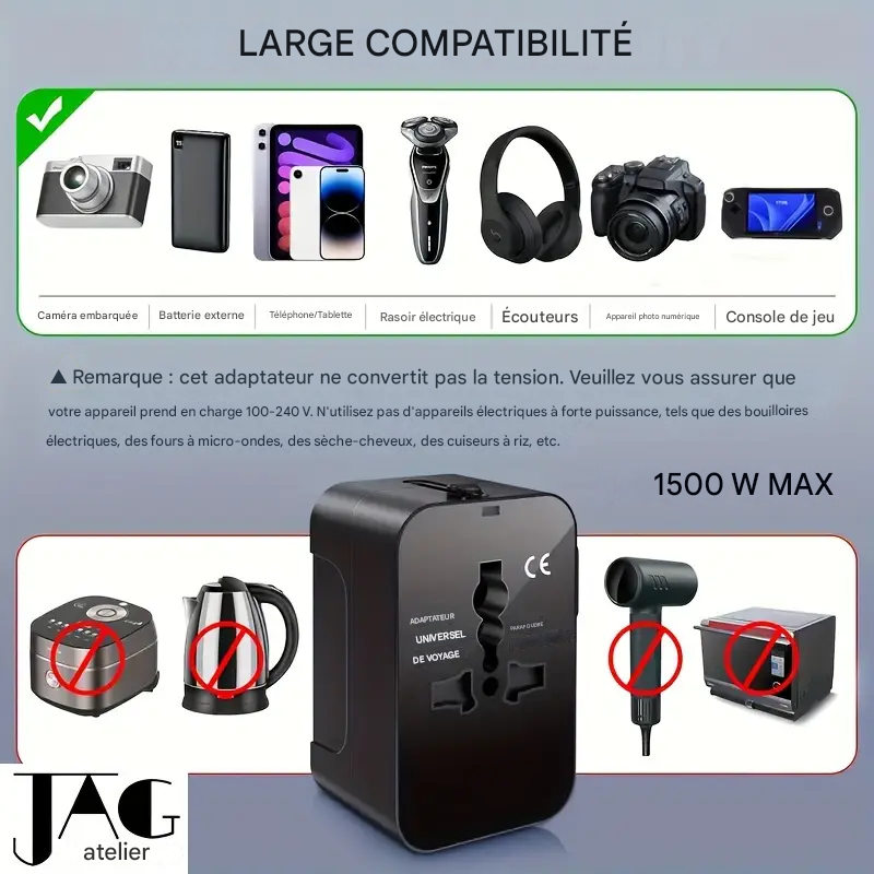 🔌Adaptateur de voyage universel certifié - Compatible avec USB et Type-C
