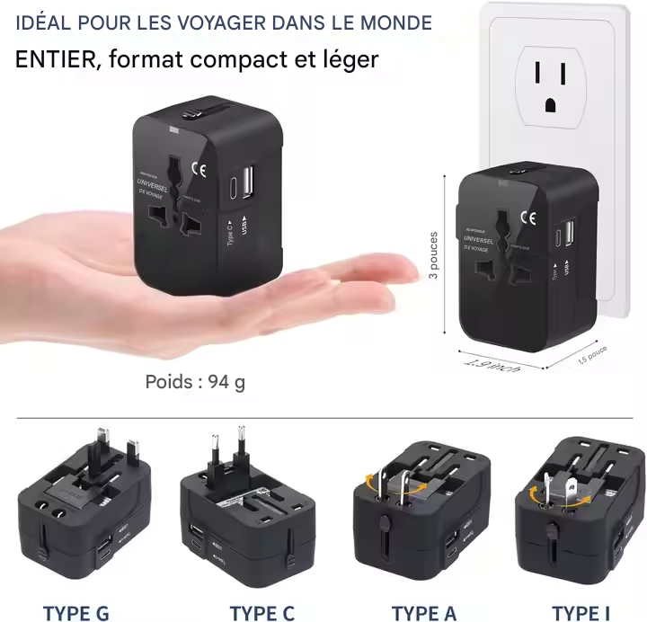 🔌Adaptateur de voyage universel certifié - Compatible avec USB et Type-C