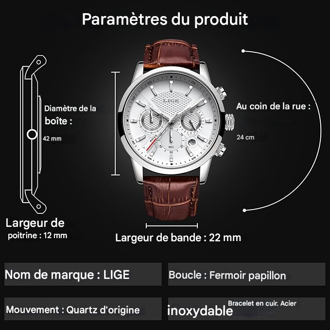 Montre chronographe à quartz en acier inoxydable LIGE